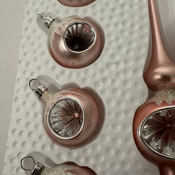 Vintage Bradford Pink Glass Indent Ornaments & Tree Topper Set Small Tree MCM - Picture 2 of 10